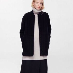 Cos Boiled Wool Coat W/ Bomber Collar Sz 34 Women 4 Black Minimalist Classic